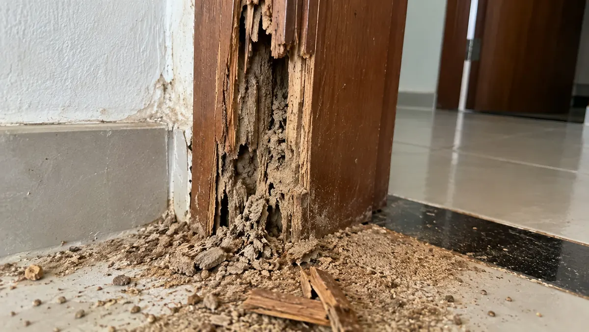 Batente e rodapé de madeira destruídos por cupim — dano estrutural que a Ecolife identifica na inspeção técnica
