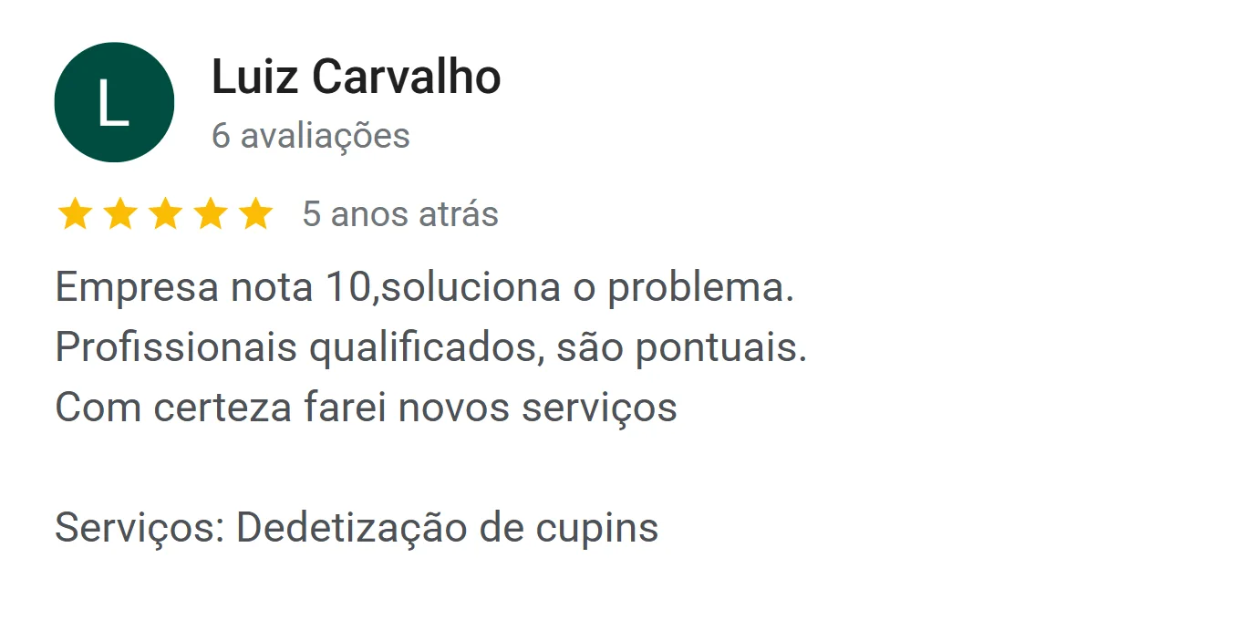 Avaliação de Luiz Carvalho no Google: empresa nota 10, soluciona o problema, profissionais qualificados e pontuais — dedetização de cupins