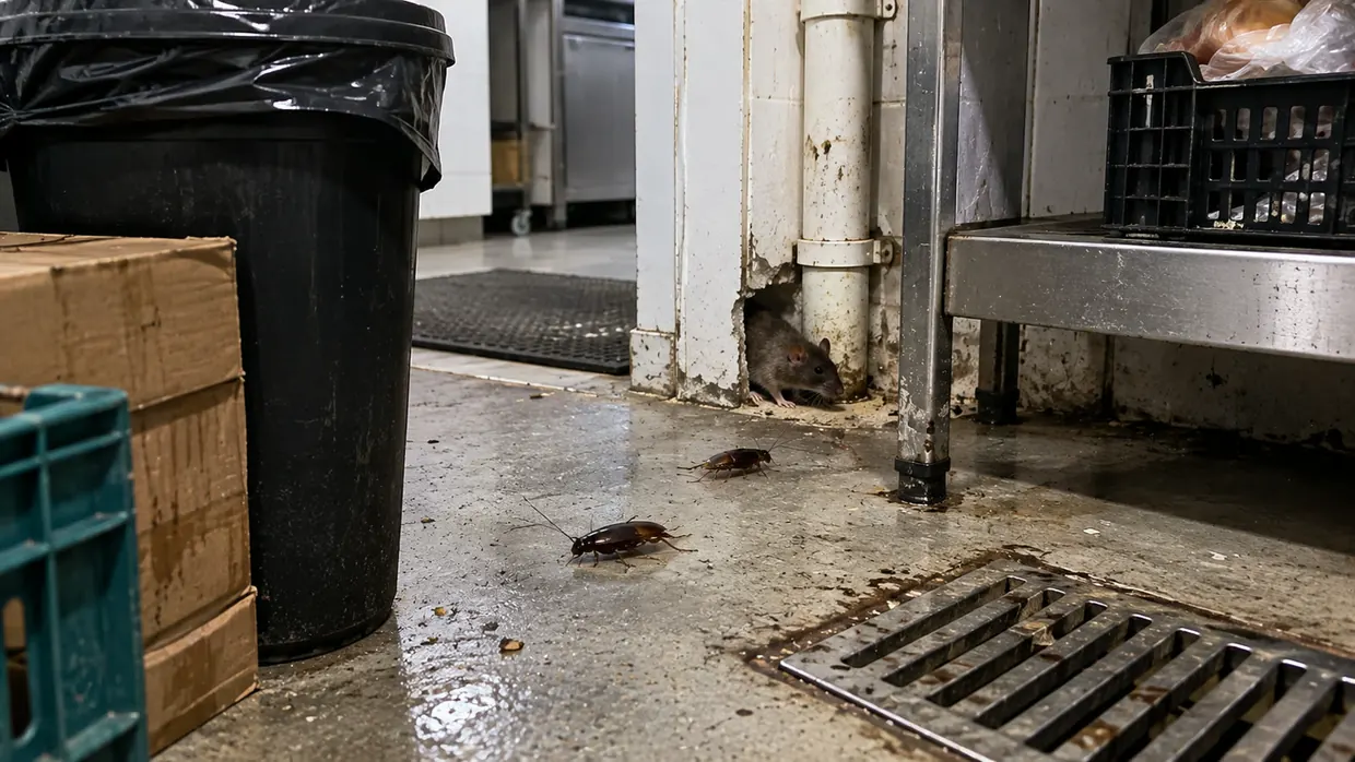 Rato e baratas em área de depósito comercial — pragas urbanas atendidas pela Ecolife